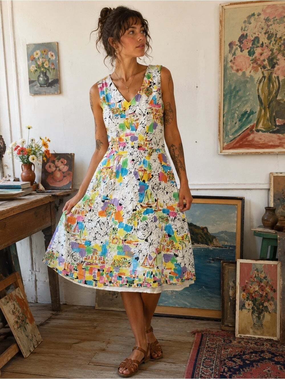 Vintage 90s Artsy Print Cotton Dress | Abstract Floral Coastal Cottagecore - Picture 1 of 7